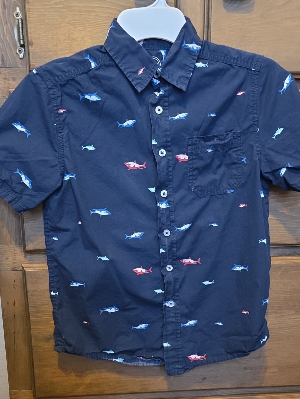 wonder nation Navy Short Sleeve Button-Down Shirt with Red & Blue Shark Print